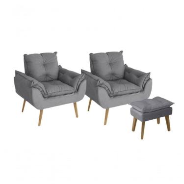Imagem de Kit 02 Poltrona/cadeira Decorativa E Puff Glamour Com Pés Quadrado Cinza