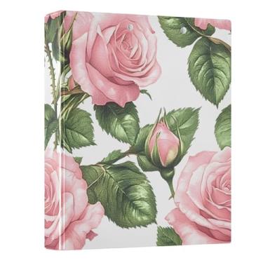 Imagem de Fichário de 3 anéis rosa floral folhas verdes 3,8 cm fichários com três argolas com prancheta serve para papel 21 x 28 cm, 3 bolsos internos de PVC transparentes para material de escritório