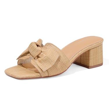 Imagem de Erocalli Sandálias de salto para mulheres, sandálias de ráfia, salto grosso, bico quadrado, verão, sem cadarço, sandália elegante, salto baixo e laço, 1 natural, 38