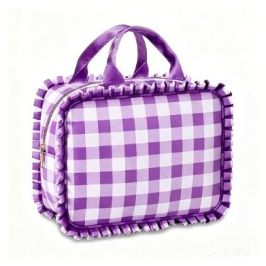 Imagem de Easozoom Lancheira xadrez com babados, lancheira grande guingão para mulheres (roxo e branco)