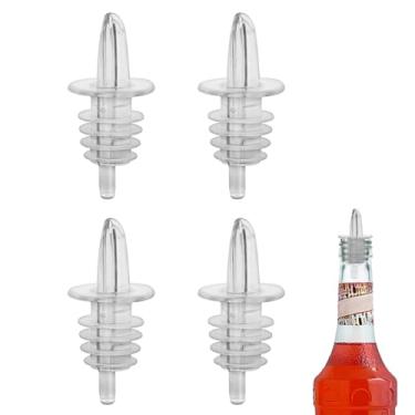 Imagem de 4 peças de garrafa de licor de plástico preta - Pacote com 6 despejadores de garrafa clássicos para álcool, à prova de vazamento, seguros para máquina de lavar louça, bicos para garrafas de bebidas