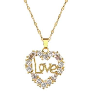 Imagem de Dtja Colar feminino com pingente de coração de amor de cristal banhado a ouro de aço inoxidável delicado com strass corrente ajustável, moda, joia fofa, lembrança, 45,7 cm