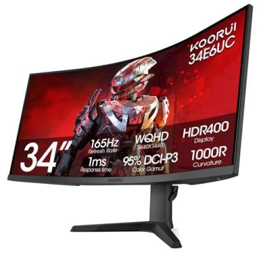 Imagem de KOORUI Monitor Gamer Ultrawide Curvo Wqhd 3440×1440 De 34 Polegadas, 165 Hz 144 Hz Curvo 1000R- Pip/Pbp, 1 Ms (Mprt) Com Displayhdr 400, Freesync Premium, Vesa De 75 * 75 Mm, Hdmi/Displayport, 34E6