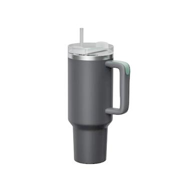 Imagem de Copo de 1150 ml KISSKIND com alça, caneca de viagem, tampas com canudo, copo com tampa, isolado, quencher, aço inoxidável, água, chá gelado, café, presente, cinza