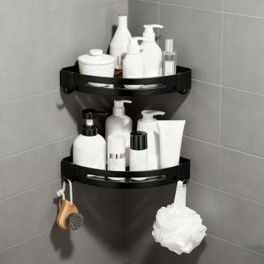 Imagem de Patravious 2 peças de chuveiro sem perfuração, rack de chuveiro de canto de camada dupla, prateleira de chuveiro de canto, prateleiras de banheiro para armazenamento de banheiro/cozinha (preto fosco)