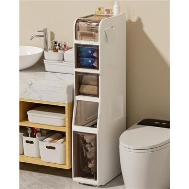 Imagem de Armário de armazenamento multifuncional com rodas - Organizador versátil para banheiro, cozinha e sala de estar com lixeira embutida - Solução móvel e econômica de espaço