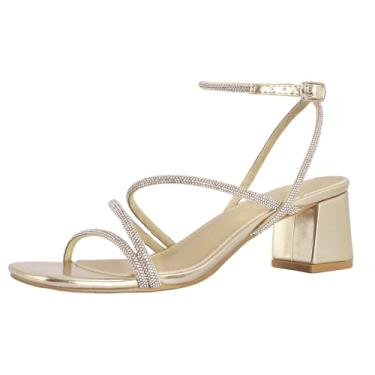 Imagem de Shoe'N Tale Salto com tiras para mulheres, salto baixo, grosso, salto quadrado, bico aberto, tira no tornozelo, sandálias de salto, Strass dour, 34