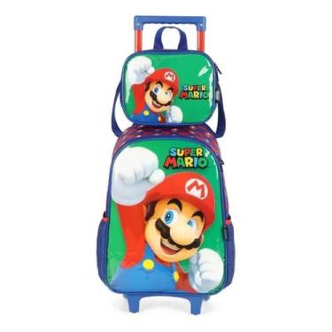 Imagem de Kit Mochila Rodinhas Super Mario Verde Lancheira Escolar Infantil Luxc