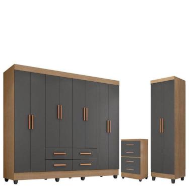 Imagem de Guarda Roupa Casal Porto com Cômoda Lite 4 Gavetas e Armário Multiuso Lite Nature Cinza - Móveis Leão