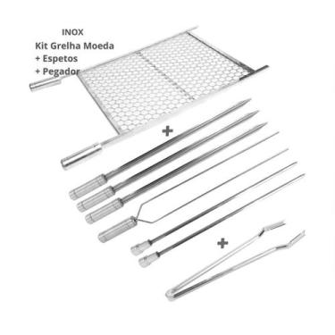 Imagem de Kit Espetos com Grelha Inox 70x60 E Pegador Carnes Churrasco - INOX LA