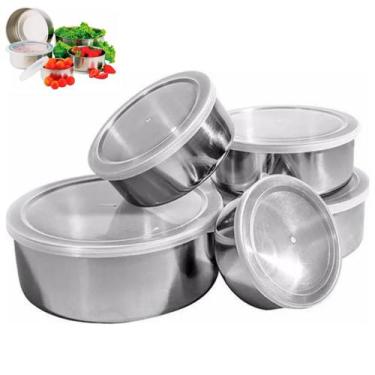 Imagem de Jogo 5 Potes Inox com Tampa Marmita Conjunto Vasilha Empilhavel Refeiç
