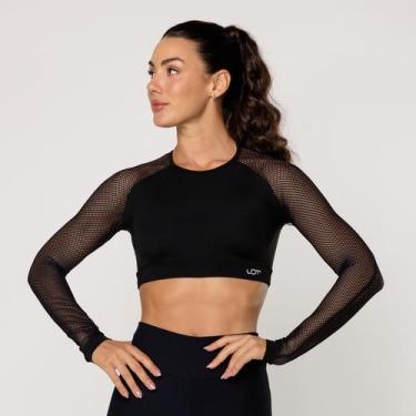 Imagem de Top Academia Preto Feminino Cropped Suplex com Manga de Tela Top Manga