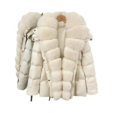 Imagem de Jaqueta Curta Feminina De Inverno Marrom Com Pelo Genuíno Casaco Parka