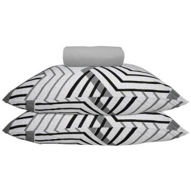 Imagem de Kit Jogo de Lençol Hamburgo Queen 100% Algodão Malha com Elástico Cinz