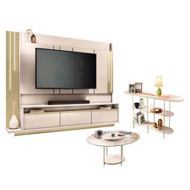 Imagem de Home Theater Montane Com Mesa De Centro Sky Com Tampo De Vidro E Aparador Infinity Off White Champanhe- Hb Móveis