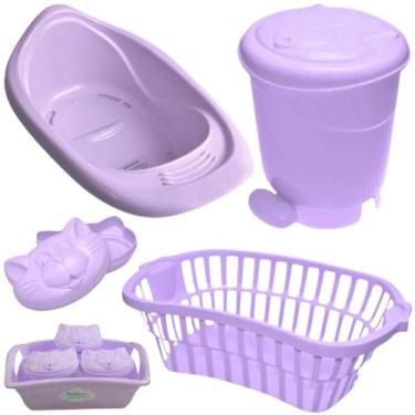 Imagem de Kit banho bebe plastibaby 6 pçs banheira cesto lixeira saboneteira por