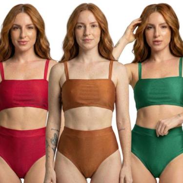 Imagem de KIT 3 Biquíni Cropped Hot Pants Top Faixa Liso Bella Fiore Cintura Alt