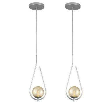 Imagem de Kit 2 Pendentes Lustres On Drop Prata Globo De Vidro Ambar - Trybo Des
