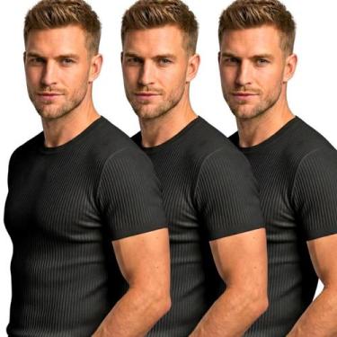 Imagem de Kit 3 Camisetas Masculinas Caneladas Slim Fit Manga Curta Academia Tre
