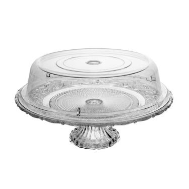 Imagem de Prato para Bolo Angel de Vidro com Pé e Tampa Plástica 30CM Base Elevada Transparente Lyor
