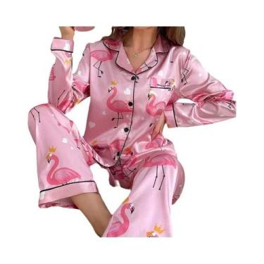 Imagem de Conjunto De Pijama Feminino De Cetim Com Estampa De Gato Fofo, Blusa D
