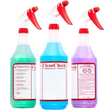 Imagem de Garrafas de spray MSDS extra seguras e bilíngues, pacote com 3. Garrafa grande, vazia, de 850 ml, perfeita para soluções profissionais de limpeza, higienizadores ou limpadores domésticos. Melhor garrafa de plástico resistente com folha de dados