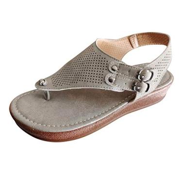 Imagem de Sandálias para mulheres, sandálias femininas Wedge 2021 retrô romanas T tiras chinelos dedo aberto casual sapatos de verão, Cinza, 8.5