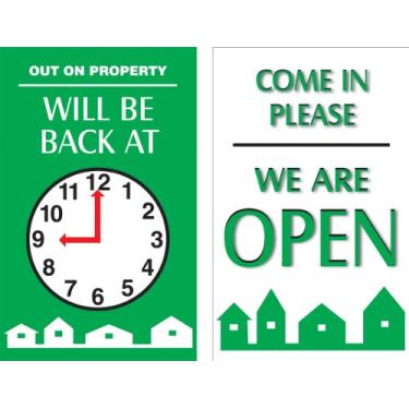 Imagem de Accuform Placa de relógio MPCM503 Dura-Plastic dupla face "Be Back" com a legenda "Out on Property - Will Be Back AT (gráfico de bloqueio) / Come In Please - We Are Open", 20 cm de comprimento x 12,7 cm de largura x 0,1 cm de espessura, verde/branco