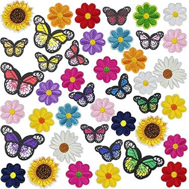 Imagem de 42 peças bordadas, flores, borboleta, passar a ferro, girassol, margarida, patch para roupas costuradas, conjunto de adesivos para jaquetas, jeans, bolsas, roupas, artesanato, decoração DIY