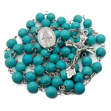 Imagem de Nazareth Store Colar de rosário com contas de pedra turquesa azul celeste, medalha milagrosa católica e cruz de Jesus, 20 inches, Pedra, Sem Pedra Preciosa