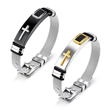 Imagem de Reizteko Pulseira masculina elegante ajustável de aço inoxidável com corrente de malha, Pack of 2