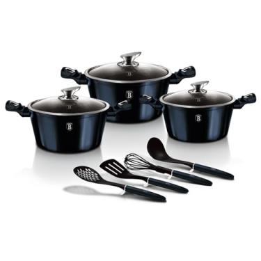 Imagem de Jogo Panelas Antiaderente Triplo Revestimento em Marmore e Utensílios 10 peças Aquamarine Berlinger Haus