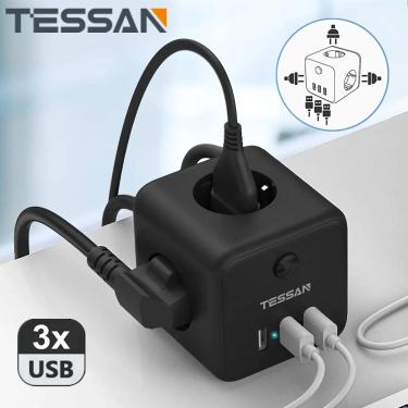 Imagem de TESSAN PowerCube Power Strip Multi Tomadas Extender com 3 Tomadas 3 Portas USB 1.5M Cabo de Extensão