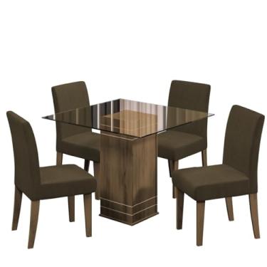 Imagem de Conjunto De Mesa Sala de Jantar Com Tampo De Vidro 0,80m Onix 4 Cadeiras Trieste Cedro/Castor Dobuê