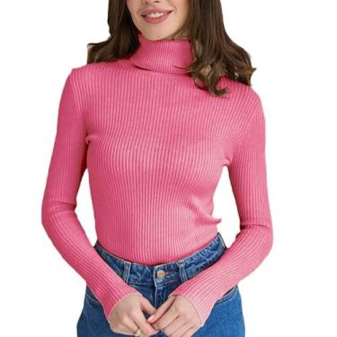 Imagem de Suéter feminino gola rolê manga longa malha suéter macio com nervuras preto feminino inverno tops, rosa, Tamanho Único