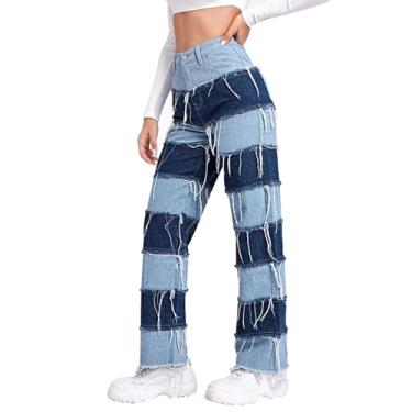 Imagem de Calça jeans feminina casual reta primavera/verão contrastantes listradas patchwork cintura alta reta, Azul, G