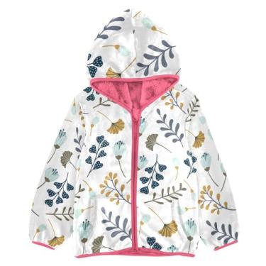 Imagem de KLL Padrão moderno folhas flores jaqueta de lã infantil floral com capuz jaqueta de lã rosa jaqueta de zíper, Padrão moderno de folhas e flores florais, 5 Anos