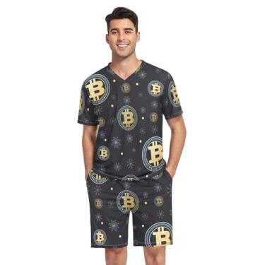 Imagem de KLL Conjunto de pijama masculino dourado preto, 2 peças de pijama com gola V, Bitcoins voadores e flocos de neve, X-Large