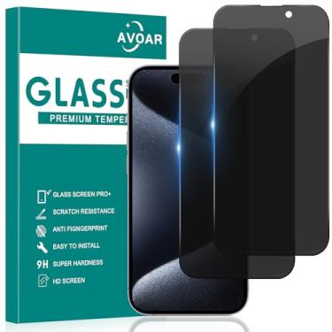 Imagem de AVOAR Pacote com 2 protetores de tela de privacidade para iPhone 15 Pro Max, tela de privacidade para iPhone 15 Pro Max 6,7 polegadas, película de vidro de tela cheia temperada, antiespião, sem bolhas, compatível com capas