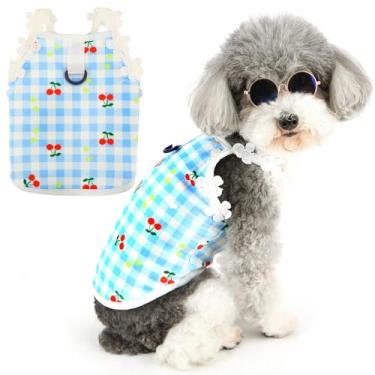 Imagem de Zunea Camisetas xadrez para cães pequenos para meninas, roupas de verão para filhotes, camiseta com anel de coleira fofa cereja brinquedo Poodle colete macio, respirável, sem mangas, básica, roupa