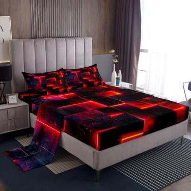 Imagem de Jogo de cama de búfalo brilhante 3D vermelho e preto, arte abstrata moderna, lençol king geométrico, xadrez, lençol de cima, cubos futuristas gradientes