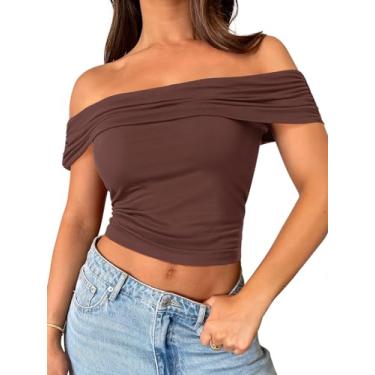 Imagem de MEROKEETY Camisetas femininas de verão 2024 com ombros de fora e manga curta franzidas sexy, Café, M