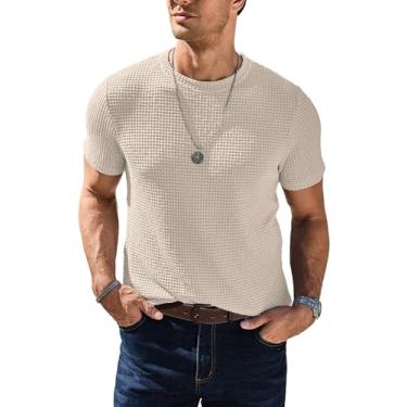 Imagem de PLEPAN Camiseta masculina casual gola redonda manga curta verão praia malha waffle texturizado camisetas macias pesadas para homens, Caqui, P