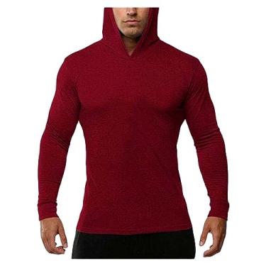Imagem de Camisetas masculinas de manga comprida slim fit cor sólida gola redonda respirável leve moletom com capuz polo, Vinho tinto, 5G