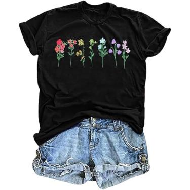 Imagem de Camiseta feminina orgulho flores silvestres arco-íris floral LGBTQ camiseta vintage flores estampadas tops, Preto, M