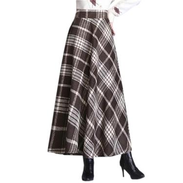 Imagem de SANGTREE Saia feminina longa xadrez de lã cintura alta evasê tartan saia rodada, Cáqui escuro, M