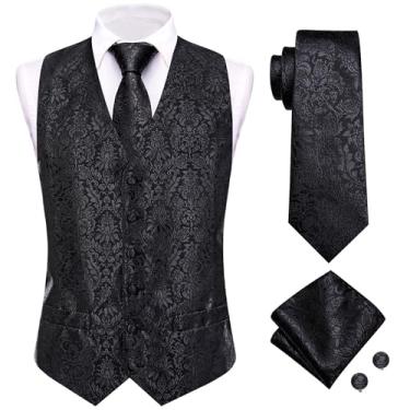 Imagem de Hi-Tie Colete masculino 4 peças colete gravata bolso conjunto de abotoaduras quadradas para terno ou smoking mais cores para escolher, Preto floral 2, 3X-Large