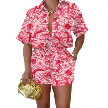 Imagem de Euulin Conjunto de 2 peças para mulheres, camisa de manga curta leve de botão, conjunto de shorts de verão com bolsos, Flor rosa, Small