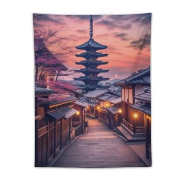 Imagem de QEOPGNE Grande tapeçaria de parede japonesa pôr do sol paisagem templo beco noite tapeçaria de parede grande tapeçaria de arte de parede decoração de quarto para quarto sala de estar 76.2 cm x 101.6