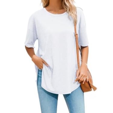 Imagem de Halife Camiseta feminina de gola redonda, manga curta, tamanho grande, ombro caído, bainha curvada, solta, túnica, tops, Branco, P